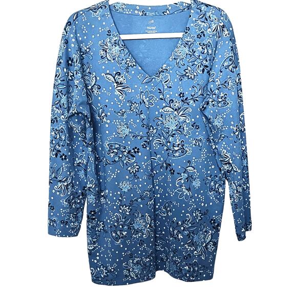J. HILL SUPIMA V-NECK TUNIC, WOMENS, M, BLUE W/PAISLEY WHITE & BLACK FLOWERS - Picture 1 of 10